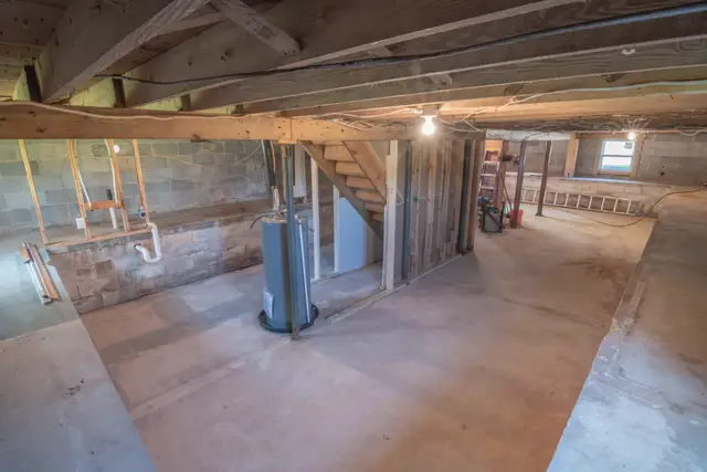 Unfinished basement with plumbing lines